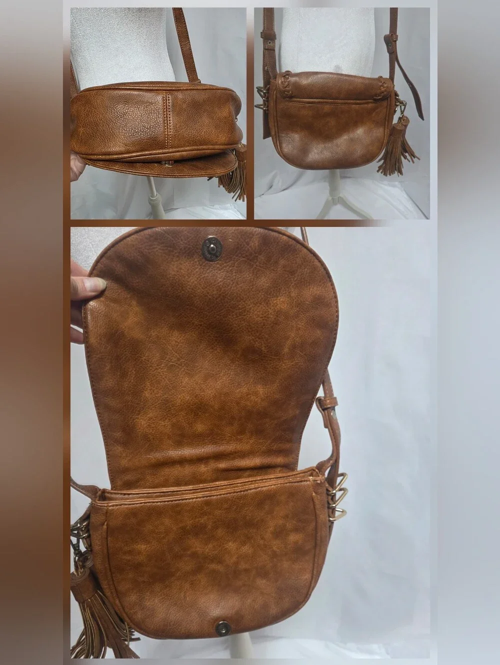 Urban Expressions Brown Whipstitch Tassel Crossbody Saddle Bag Boho Western